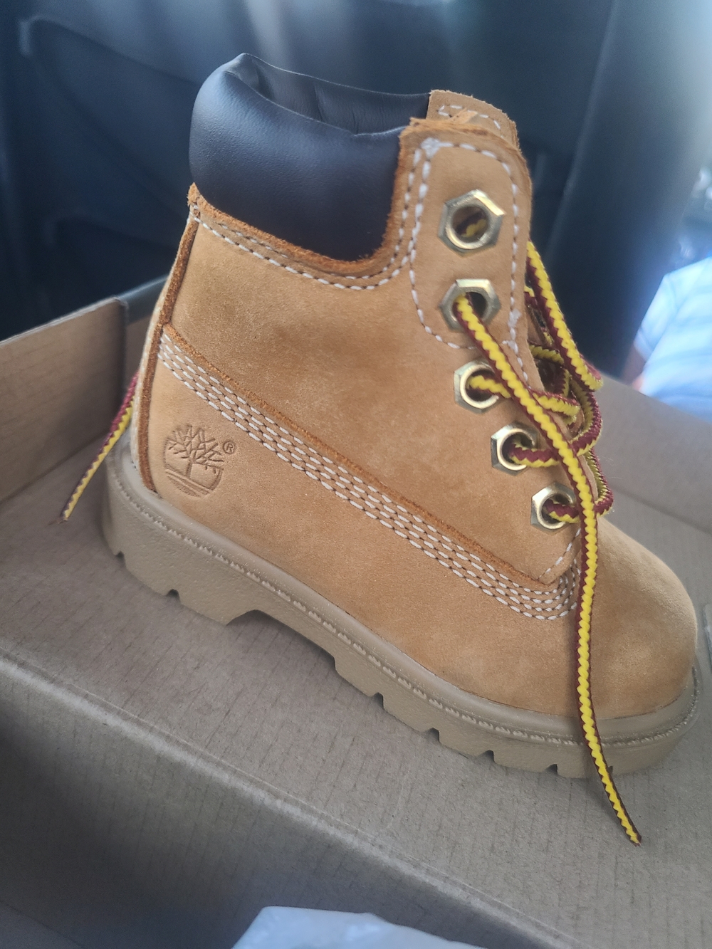 Timberland Baby Wheat Suede Boot with Black Collar and Yellow Laces